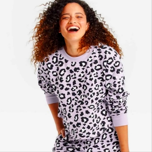 Sweatshirt Leopard Print Fleece Cropped Lounge Colsie Purple M Animal Pullover - Picture 1 of 4